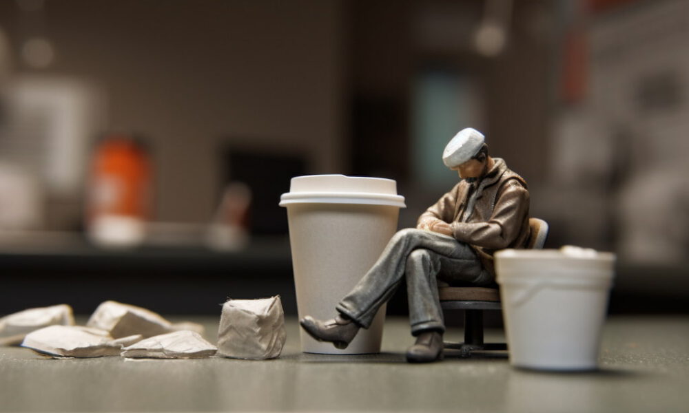 miniatuur persoon neemt pauze tussen koffiebekers